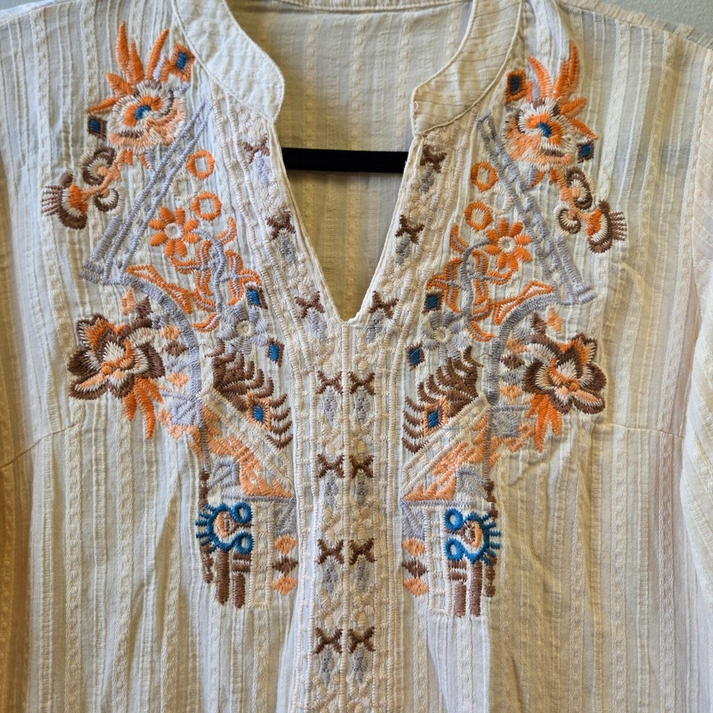 Solitaire S Cream Beige Cotton Embroidered Blouse‎ Puff Sleeves Floral Details - Picture 2 of 9